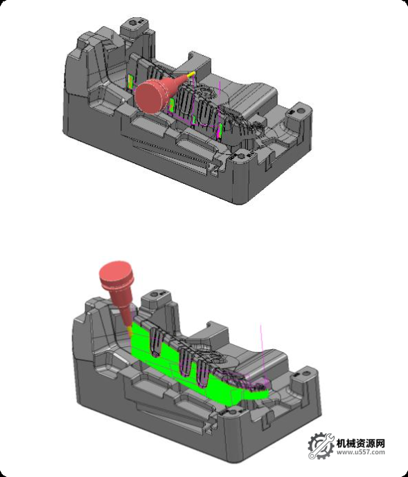 powermill 汽車模具教程：車燈后模五軸開大粗刀路軌跡